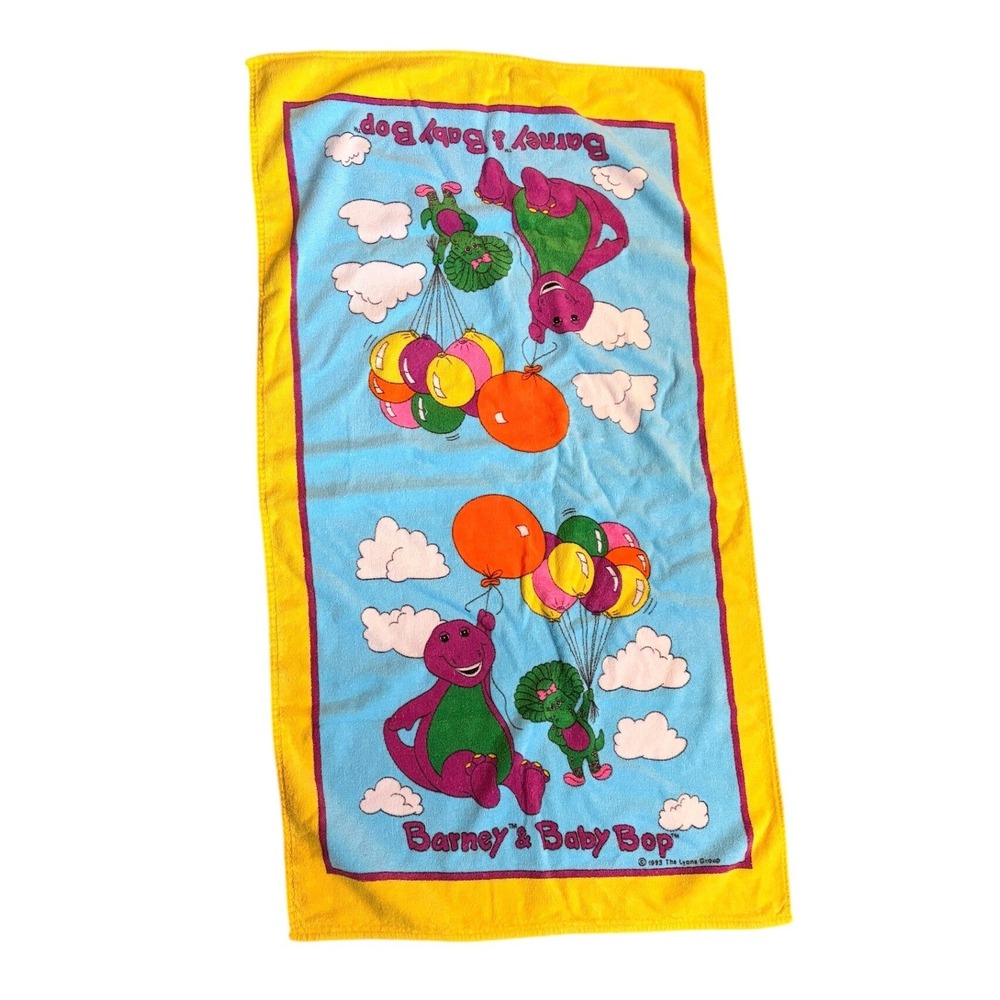 Vintage 1993 Barney and Baby Bop Beach Towel Bibb 100% Cotton 90s Kids Retro